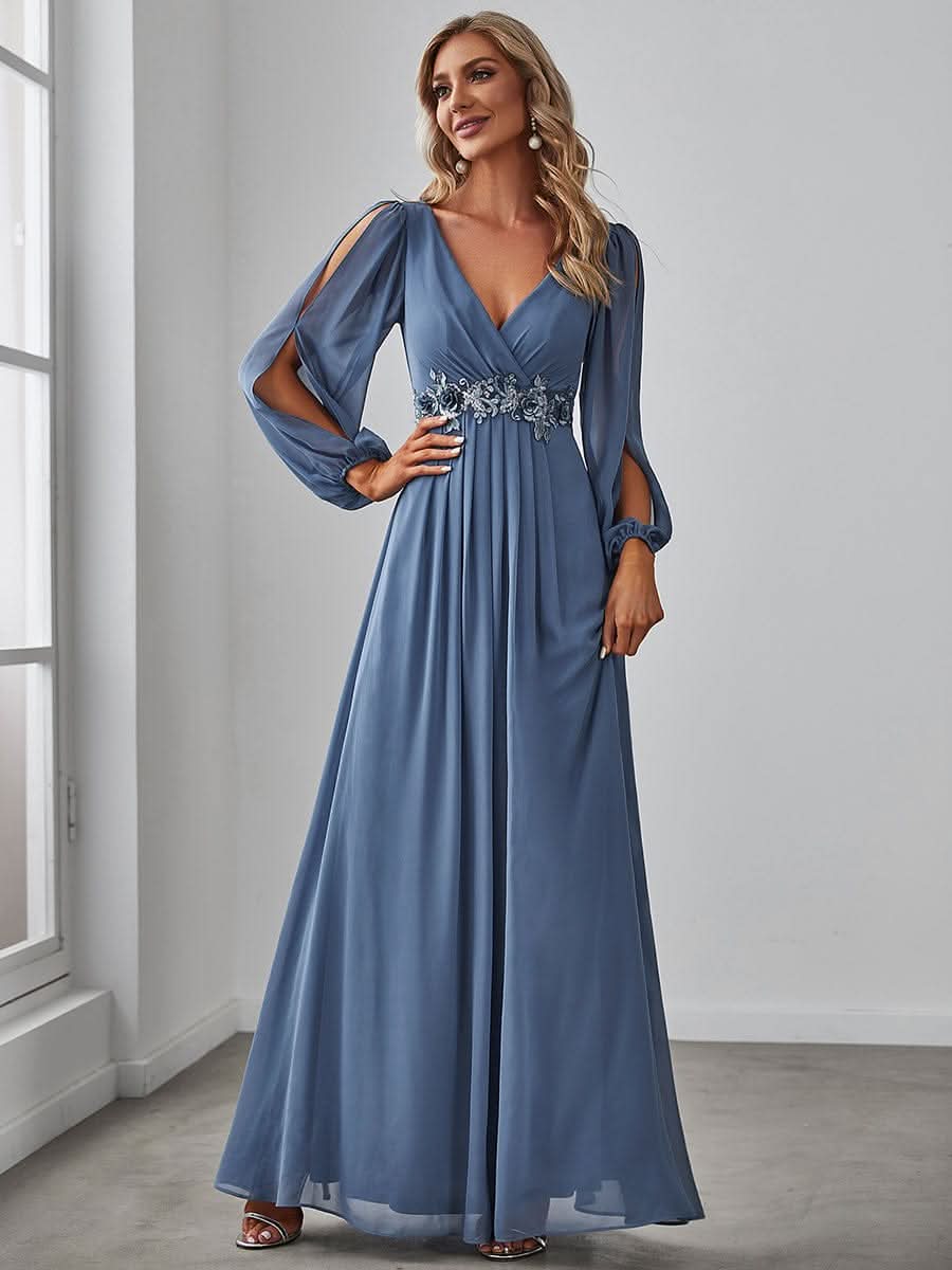Elegantes tiefes V-Laterne langes SchlitzÄrmel-Applikations-Maxi-Abendkleid #Farbe_Dusty Navy