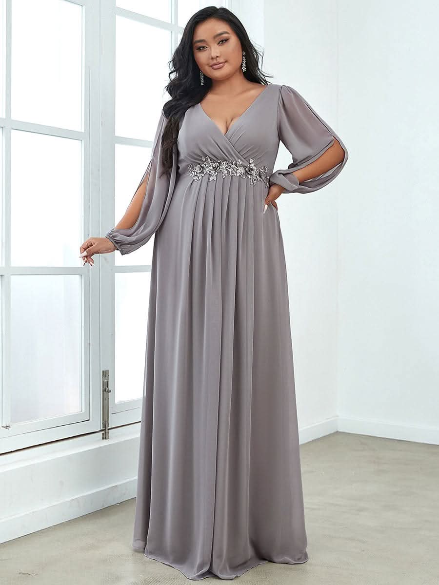 Elegantes tiefes V-Laterne langes SchlitzÄrmel-Applikations-Maxi-Abendkleid #Farbe_Grau