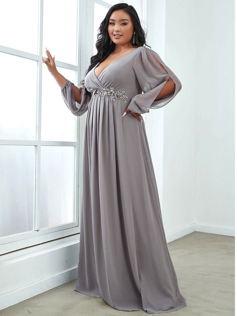 Elegantes tiefes V-Laterne langes SchlitzÄrmel-Applikations-Maxi-Abendkleid #Farbe_Grau