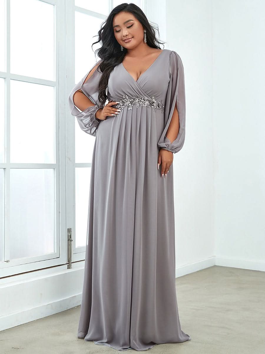 Elegantes tiefes V-Laterne langes SchlitzÄrmel-Applikations-Maxi-Abendkleid #Farbe_Grau