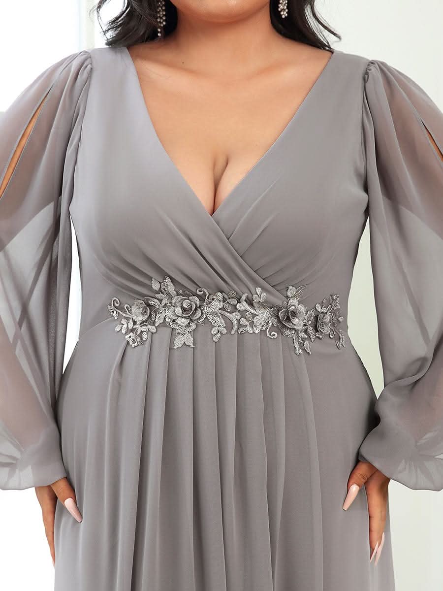 Elegantes tiefes V-Laterne langes SchlitzÄrmel-Applikations-Maxi-Abendkleid #Farbe_Grau