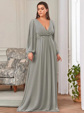 Größe Nach Maß Elegantes tiefes V-Laterne langes Schlitzärmel-Applikations-Maxi-Abendkleid 00461