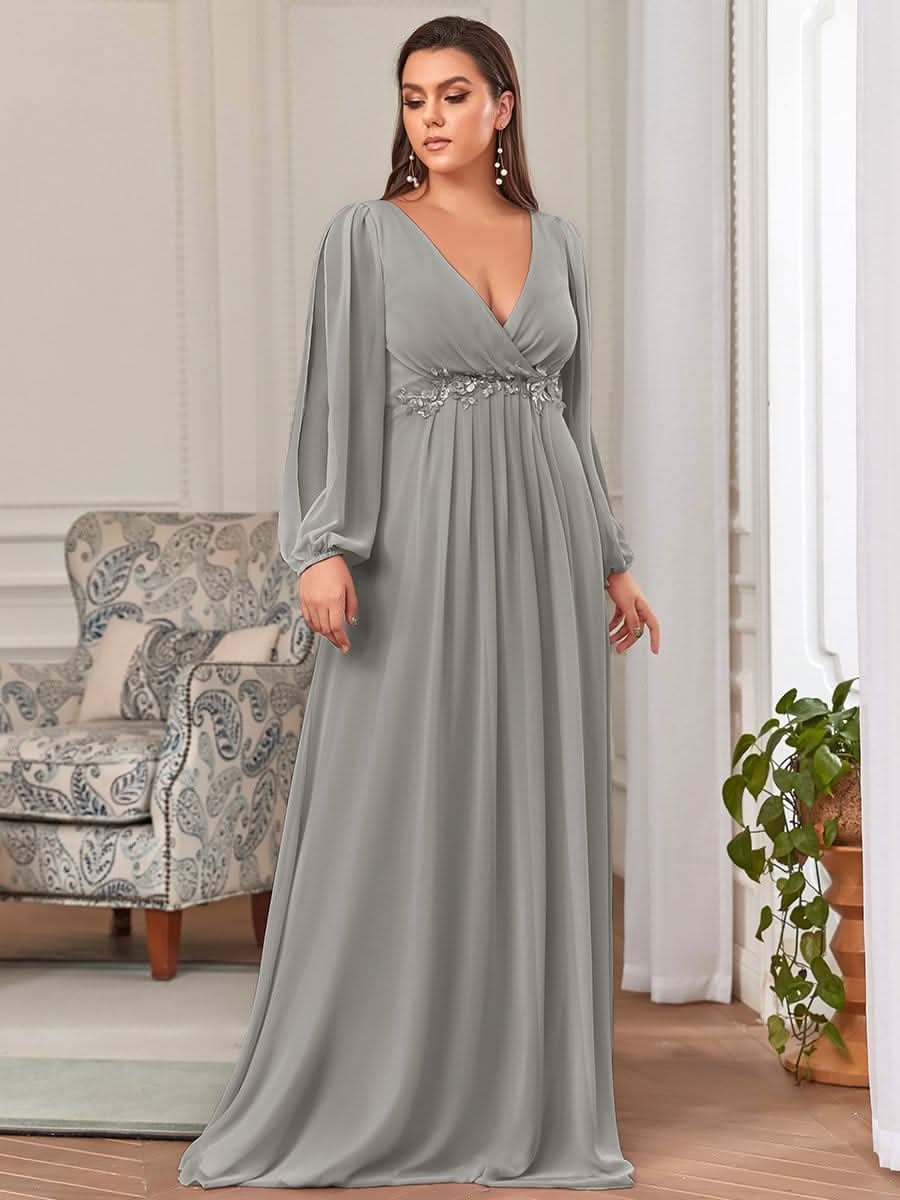 V-Ausschnitt Lang mit Ärmel Chiffon Brautmutterkleider Große Größen #Farbe_Grau