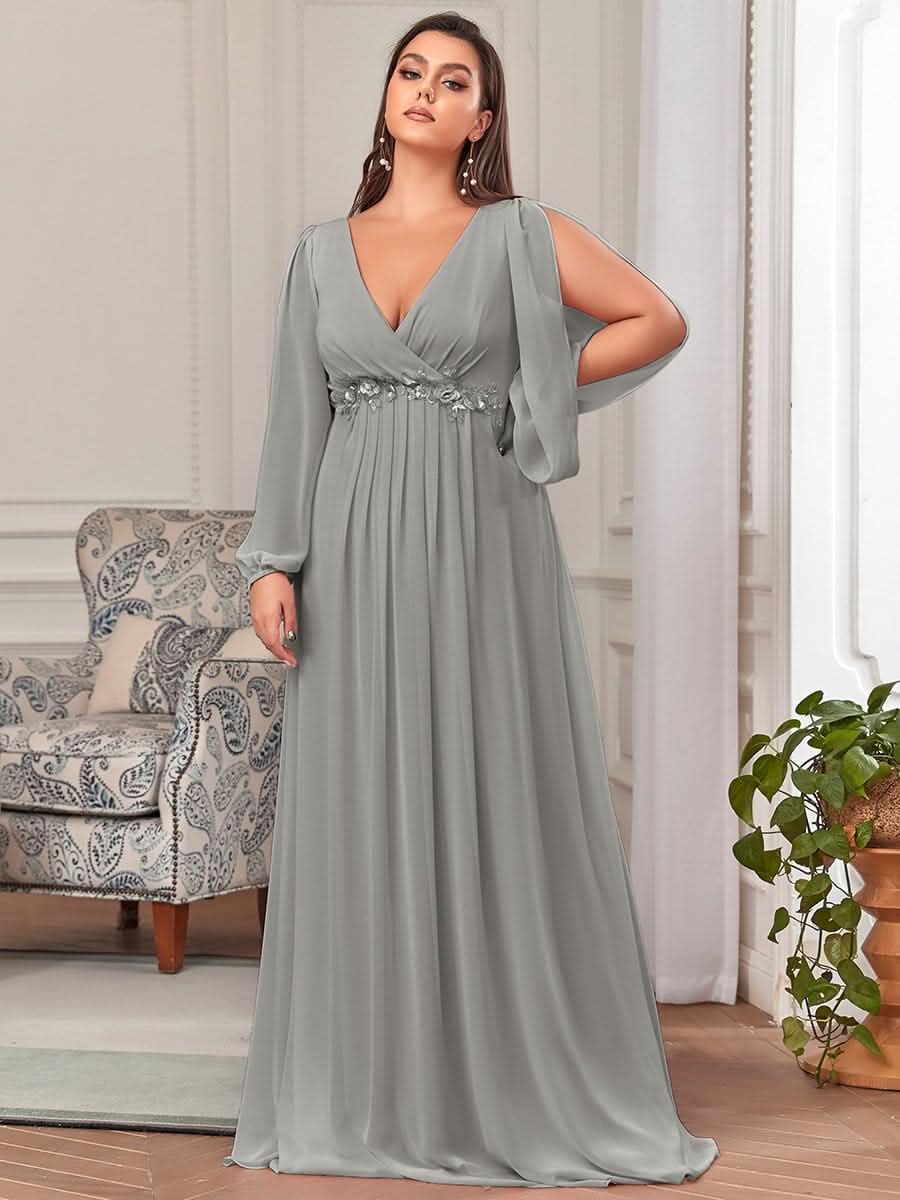 Stilvolle Chiffon-Abendkleider in übergröße mit langen LaternenÄrmeln #Farbe_Grau
