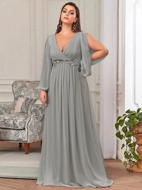 Größe Nach Maß Elegantes tiefes V-Laterne langes Schlitzärmel-Applikations-Maxi-Abendkleid 00461