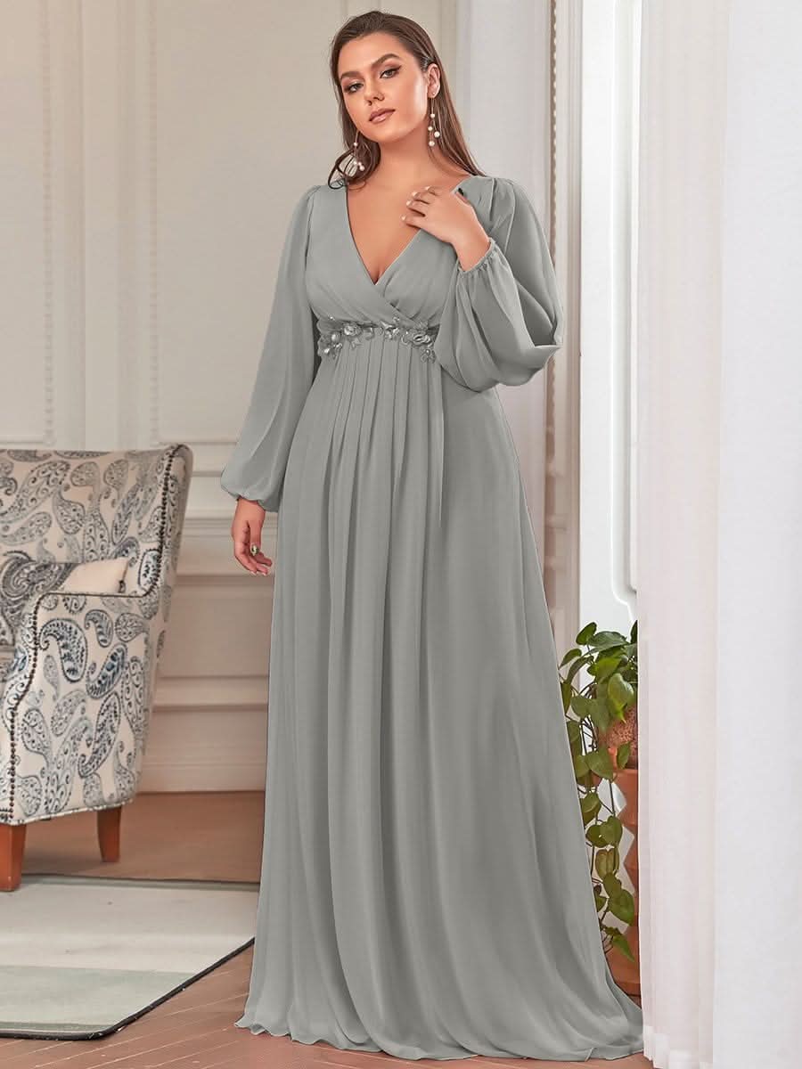 A-Linie Chiffon Lang mit Ärmel Maxikleid Hochzeitsgast Große Größen #Farbe_Grau