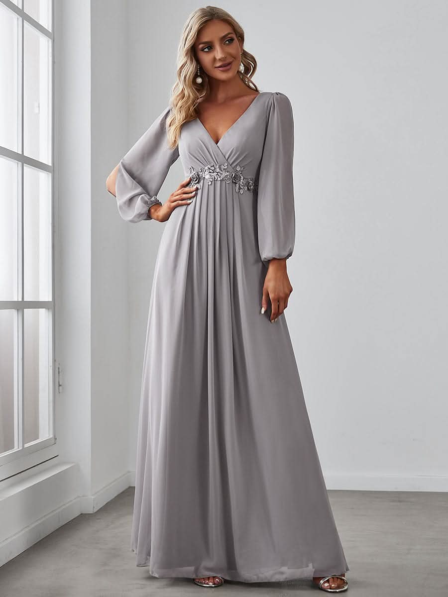 Elegantes tiefes V-Laterne langes SchlitzÄrmel-Applikations-Maxi-Abendkleid #Farbe_Grau