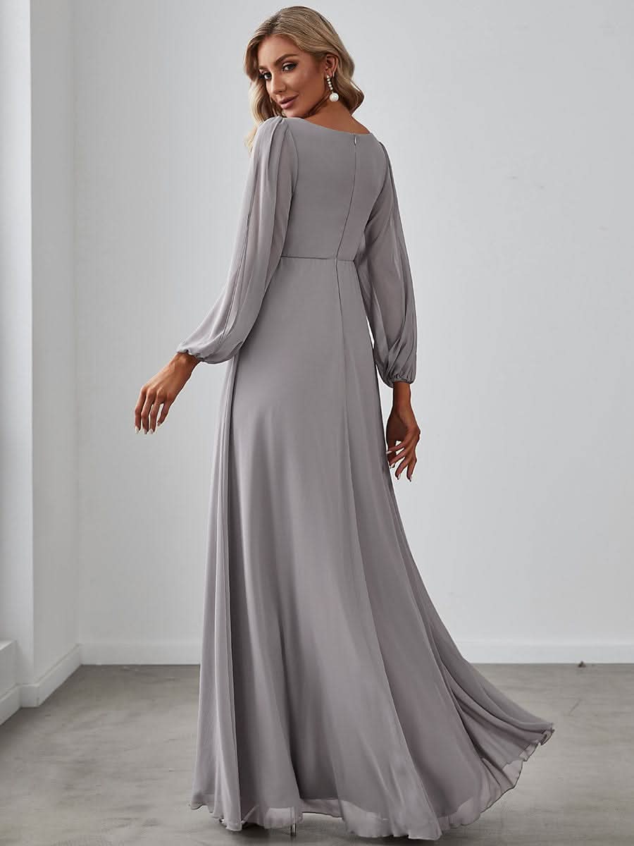 A-Linie Chiffon Lang mit Ärmel Brautmutterkleider #Farbe_Grau