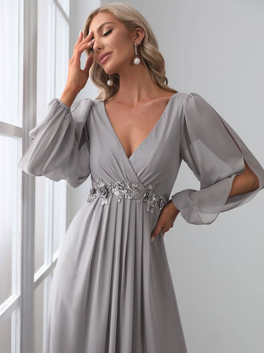 Elegantes tiefes V-Laterne langes SchlitzÄrmel-Applikations-Maxi-Abendkleid #Farbe_Grau