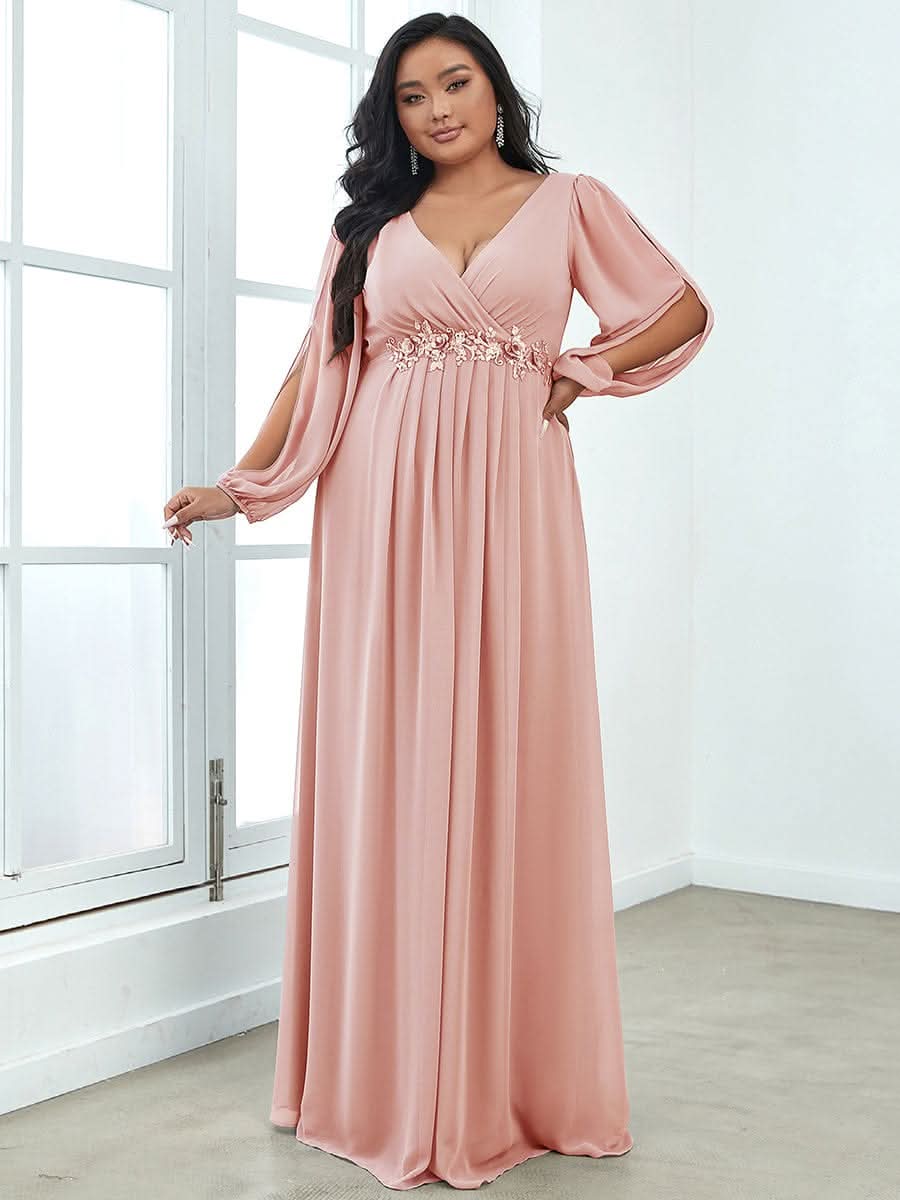 Elegantes tiefes V-Laterne langes SchlitzÄrmel-Applikations-Maxi-Abendkleid #Farbe_Rosa