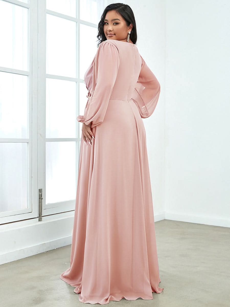 Elegantes tiefes V-Laterne langes SchlitzÄrmel-Applikations-Maxi-Abendkleid #Farbe_Rosa