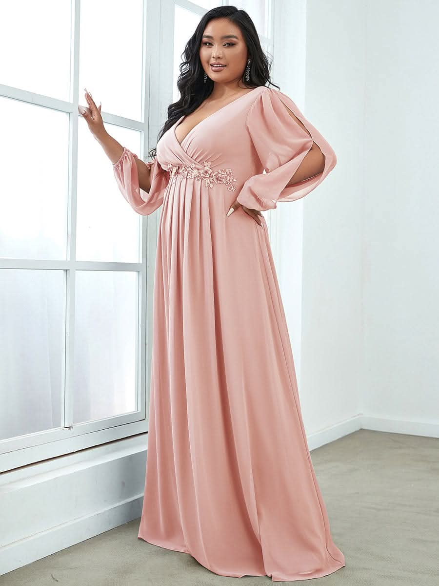 Elegantes tiefes V-Laterne langes SchlitzÄrmel-Applikations-Maxi-Abendkleid #Farbe_Rosa