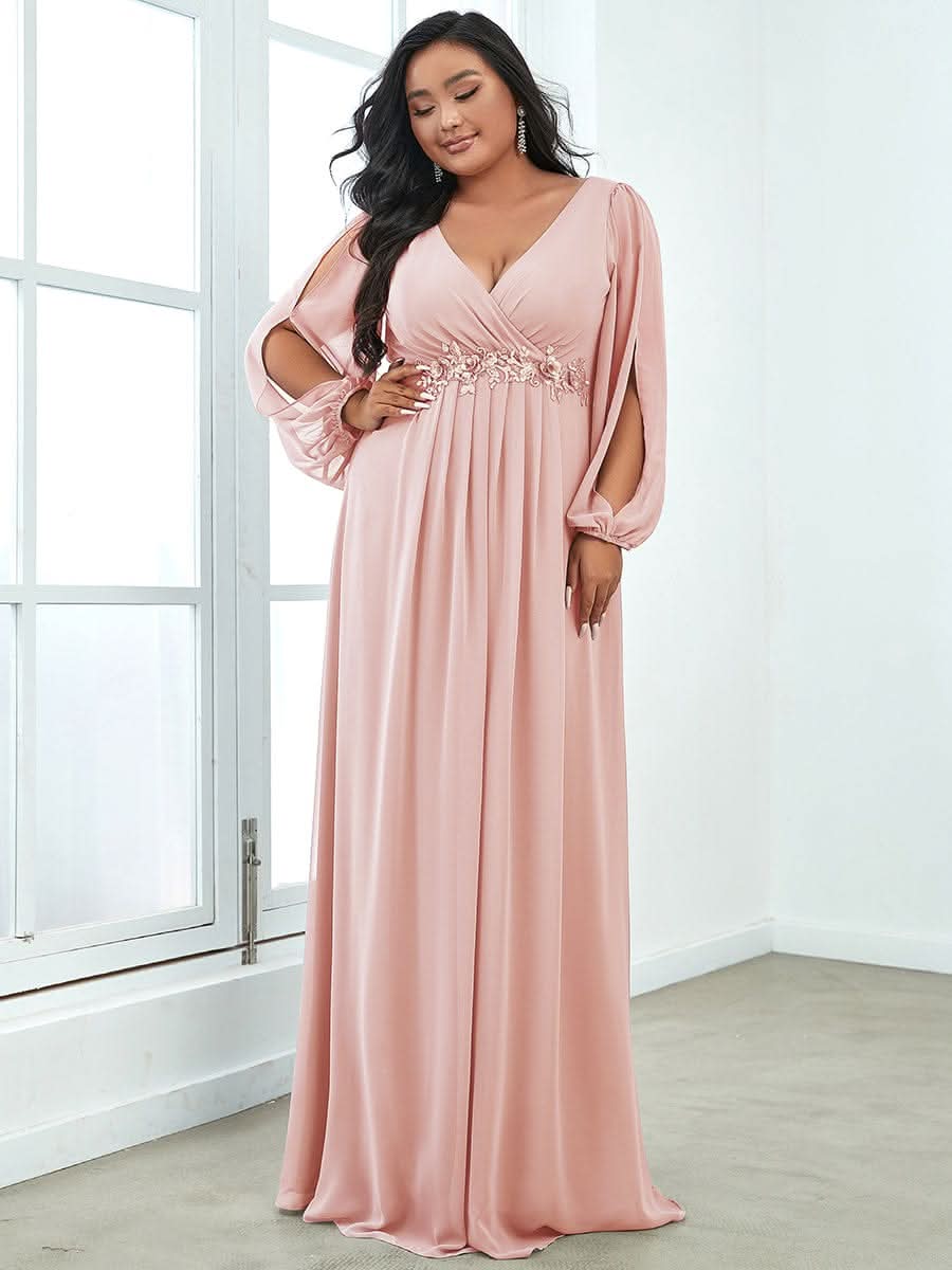 Elegantes tiefes V-Laterne langes SchlitzÄrmel-Applikations-Maxi-Abendkleid #Farbe_Rosa