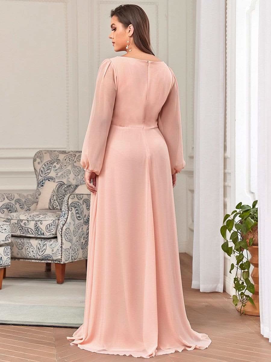 Größe Nach Maß Elegantes tiefes V-Laterne langes SchlitzÄrmel-Applikations-Maxi-Abendkleid #Farbe_Rosa