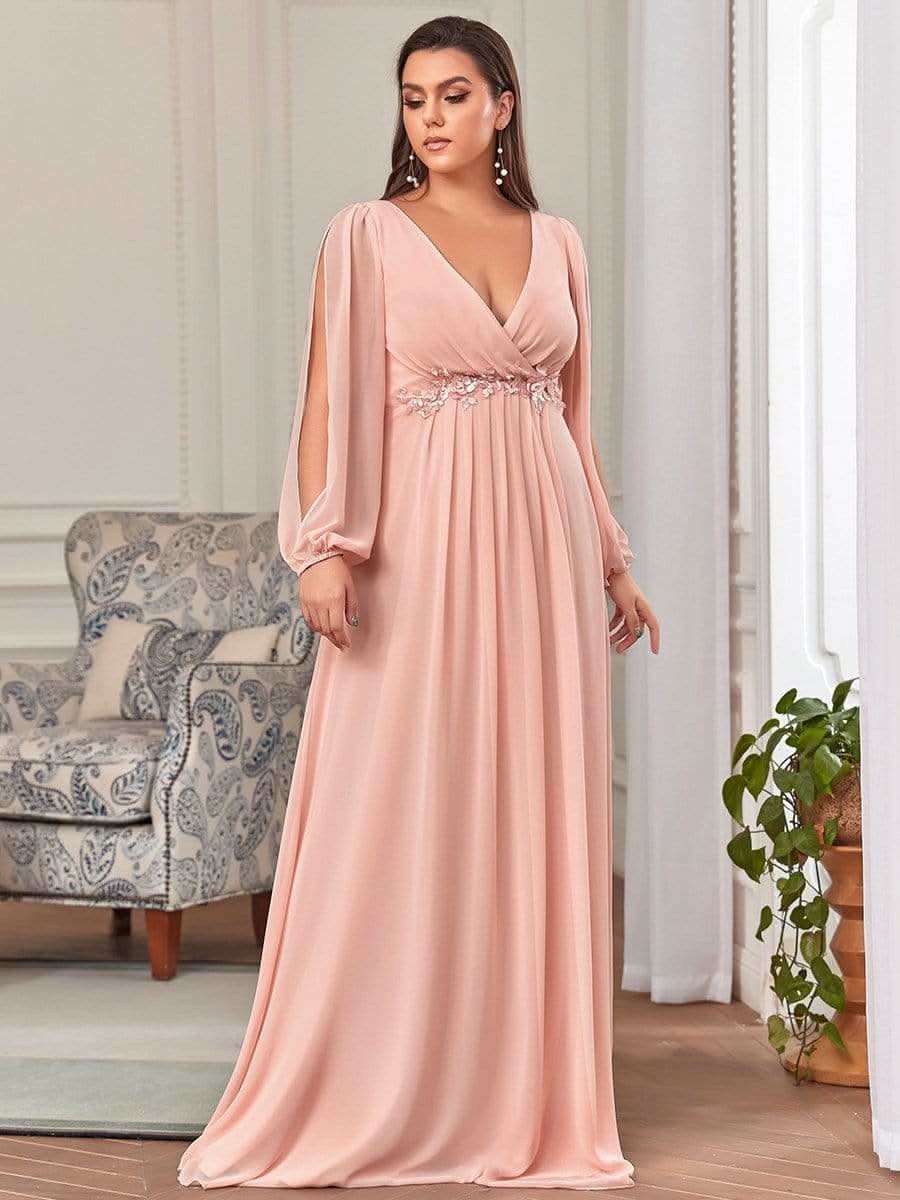 V-Ausschnitt Lang mit Ärmel Chiffon Brautmutterkleider Große Größen #Farbe_Rosa