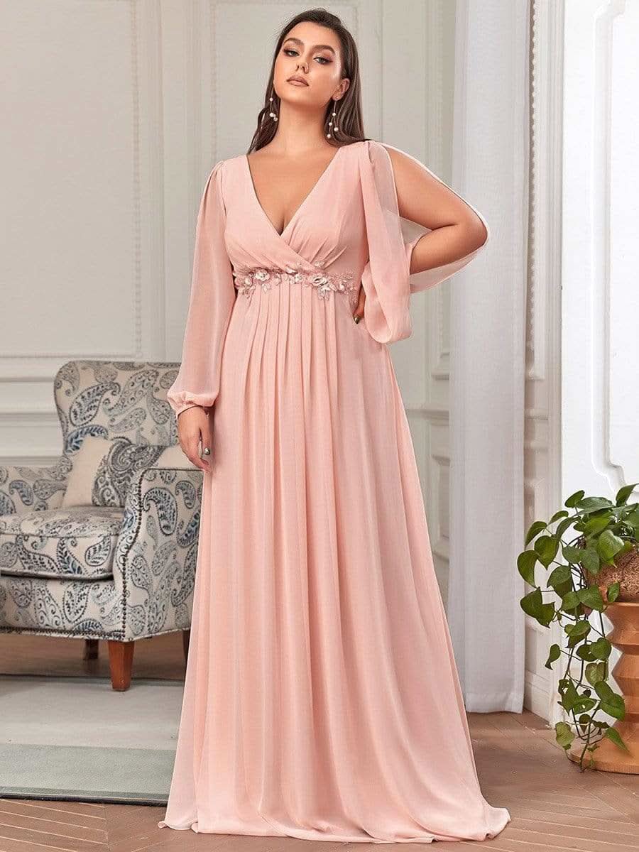 V-Ausschnitt Lang mit Ärmel Chiffon Brautmutterkleider Große Größen #Farbe_Rosa