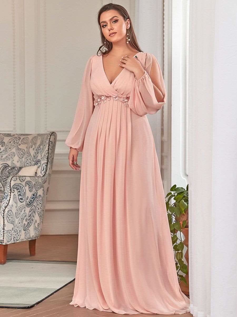 A-Linie Chiffon Lang mit Ärmel Maxikleid Hochzeitsgast Große Größen #Farbe_Rosa