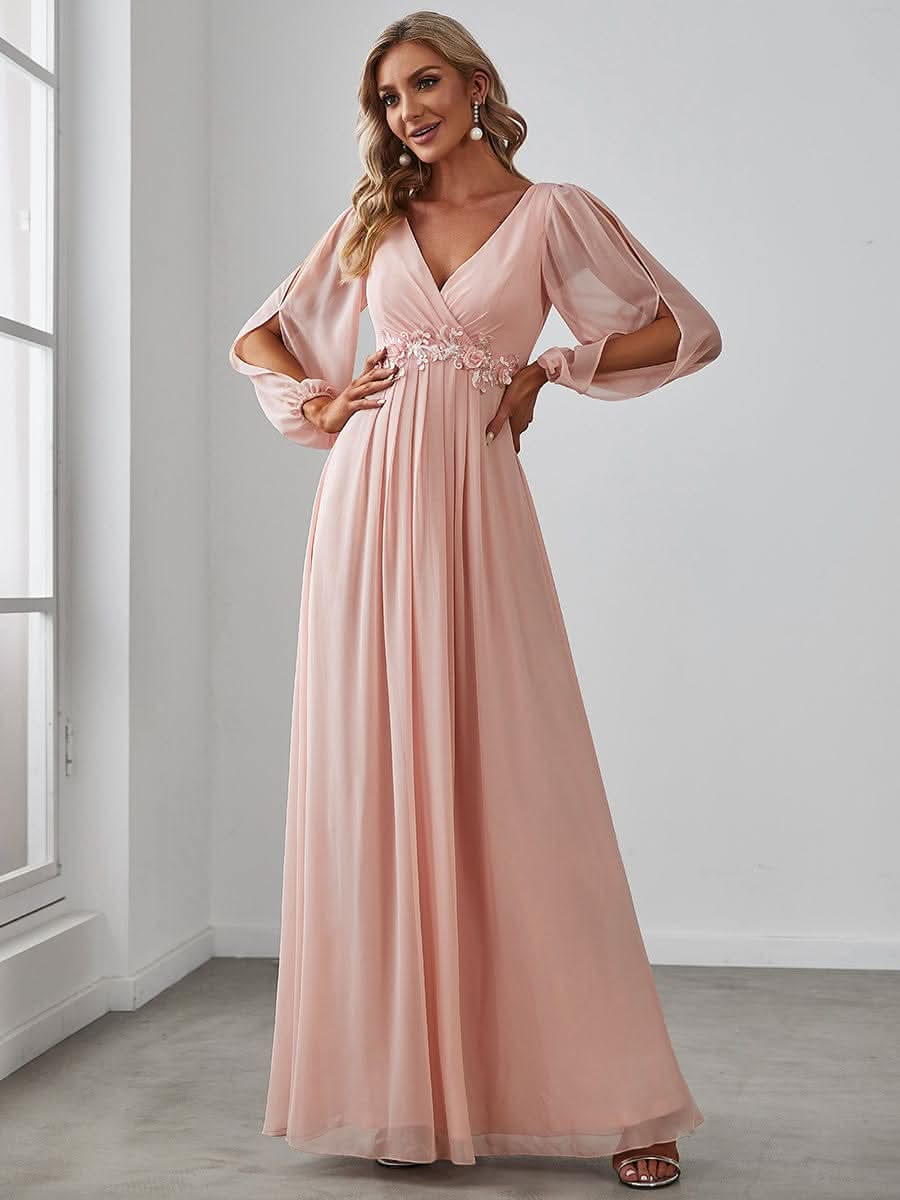 A-Linie Chiffon Lang mit Ärmel Brautmutterkleider #Farbe_Rosa