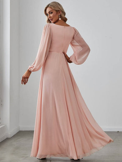 Elegantes tiefes V-Laterne langes SchlitzÄrmel-Applikations-Maxi-Abendkleid #Farbe_Rosa