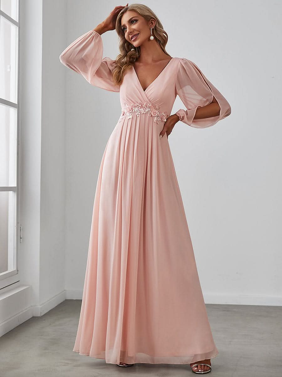 Elegantes tiefes V-Laterne langes SchlitzÄrmel-Applikations-Maxi-Abendkleid #Farbe_Rosa