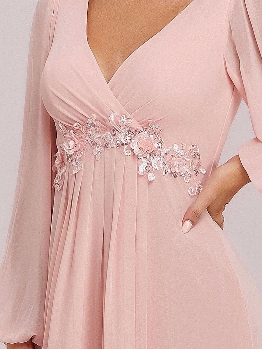 Elegantes tiefes V-Laterne langes SchlitzÄrmel-Applikations-Maxi-Abendkleid #Farbe_Rosa