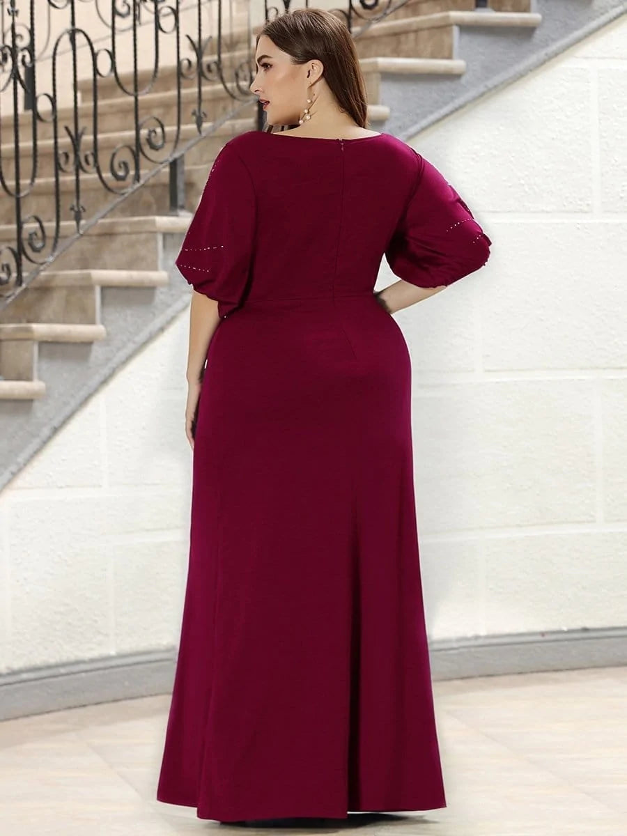 Color=Burgundy | Plus Size Trendy Bodenlanges Abendkleid Mit Rundem Hals Für Frauen 00544-Burgundy 7