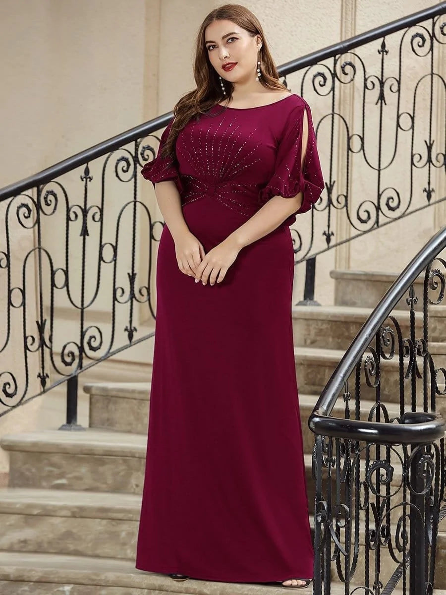 Color=Burgundy | Plus Size Trendy Bodenlanges Abendkleid Mit Rundem Hals Für Frauen 00544-Burgundy 8