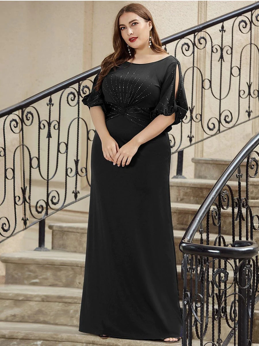 Color=Schwarz | Plus Size Trendy Bodenlanges Abendkleid Mit Rundem Hals Für Frauen 00544-Schwarz 3