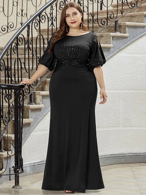 Color=Schwarz | Plus Size Trendy Bodenlanges Abendkleid Mit Rundem Hals Für Frauen 00544-Schwarz 4