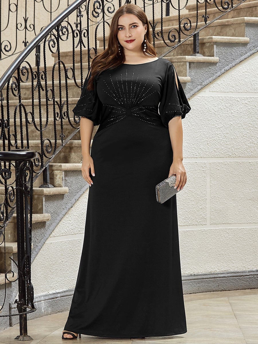 Color=Schwarz | Plus Size Trendy Bodenlanges Abendkleid Mit Rundem Hals Für Frauen 00544-Schwarz 1