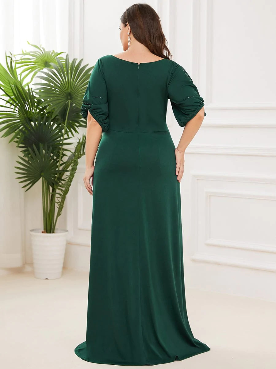 Color=Dark Green | Plus Size Trendy Bodenlanges Abendkleid Mit Rundem Hals Für Frauen 00544-Dark Green 7