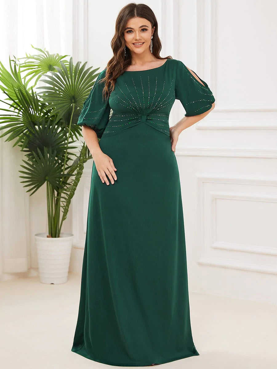 Color=Dark Green | Plus Size Trendy Bodenlanges Abendkleid Mit Rundem Hals Für Frauen 00544-Dark Green 9
