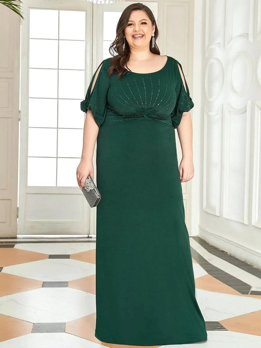Color=Dark Green | Plus Size Trendy Bodenlanges Abendkleid Mit Rundem Hals Für Frauen 00544-Dark Green 1