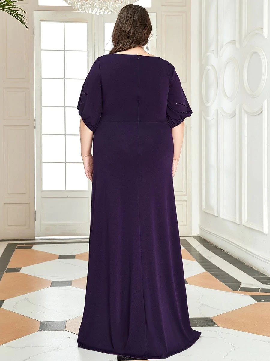 Color=Dunkel Violett | Plus Size Trendy Bodenlanges Abendkleid Mit Rundem Hals Für Frauen 00544-Dunkel Violett 2