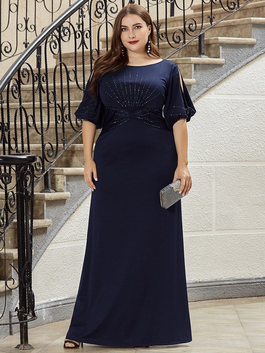 Color=Navy Blau | Plus Size Trendy Bodenlanges Abendkleid Mit Rundem Hals Für Frauen 00544-Navy Blau 1