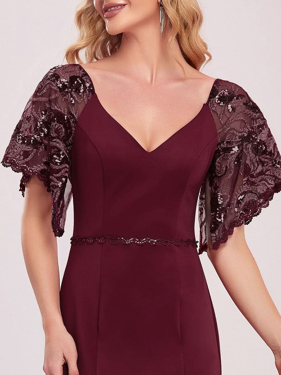 Color=Burgundy | Bodenlanges Ballkleider Mit V-Ausschnitt 00550-Burgundy 5
