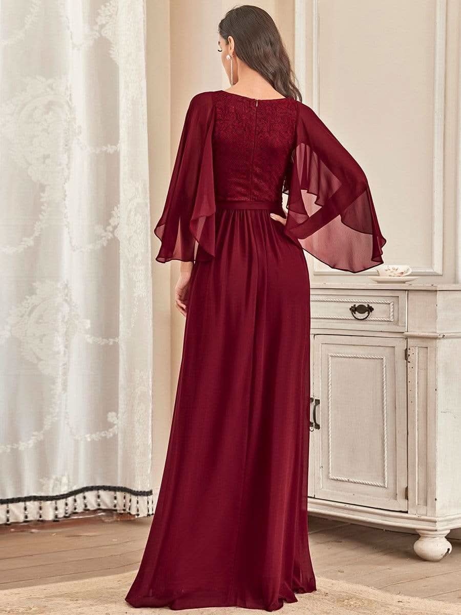 Color=Burgundy | Elegantes Maxi-Abendkleid aus Chiffon mit tiefem V-Ausschnitt-Burgundy 2
