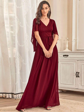 Color=Burgundy | Elegantes Maxi-Abendkleid aus Chiffon mit tiefem V-Ausschnitt-Burgundy 1