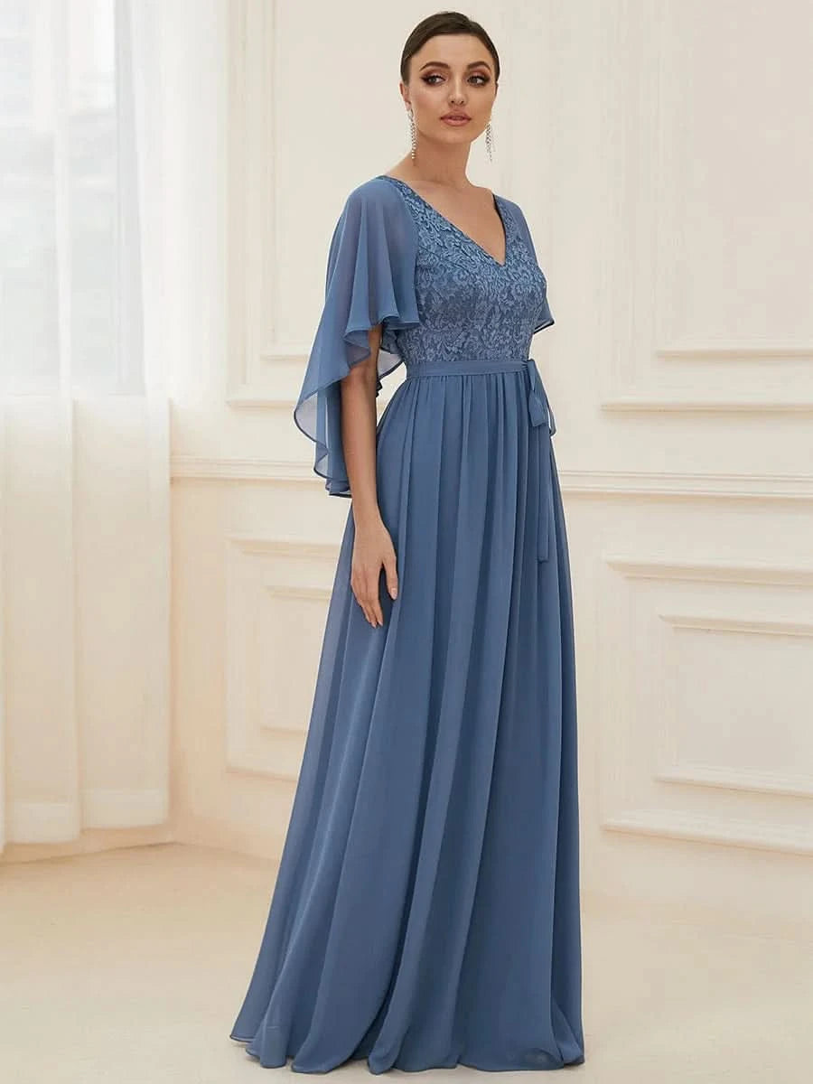 Color=Dusty Navy | Elegantes Maxi-Abendkleid aus Chiffon mit tiefem V-Ausschnitt-Dusty Navy 3