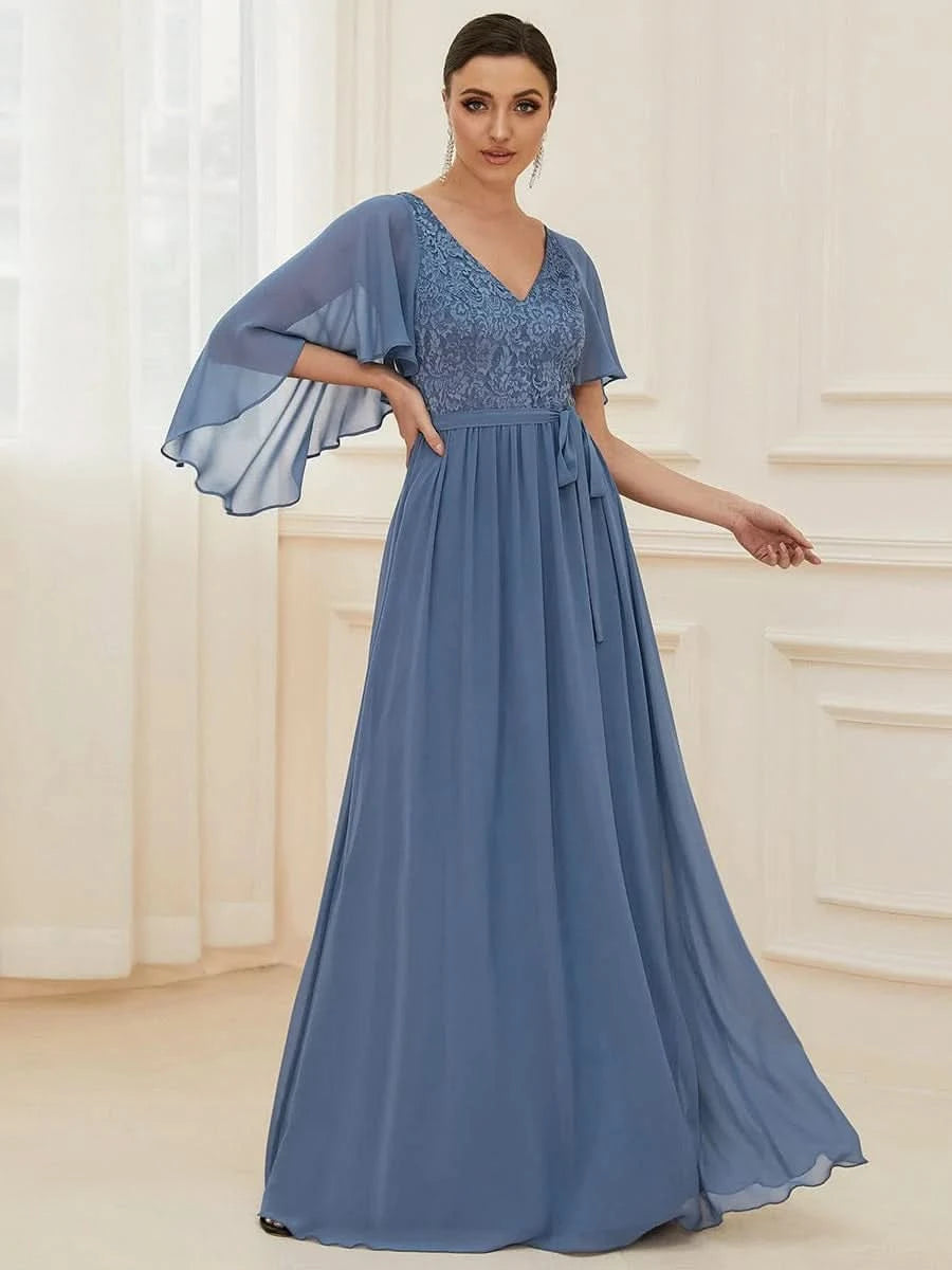 Color=Dusty Navy | Elegantes Maxi-Abendkleid aus Chiffon mit tiefem V-Ausschnitt-Dusty Navy 4