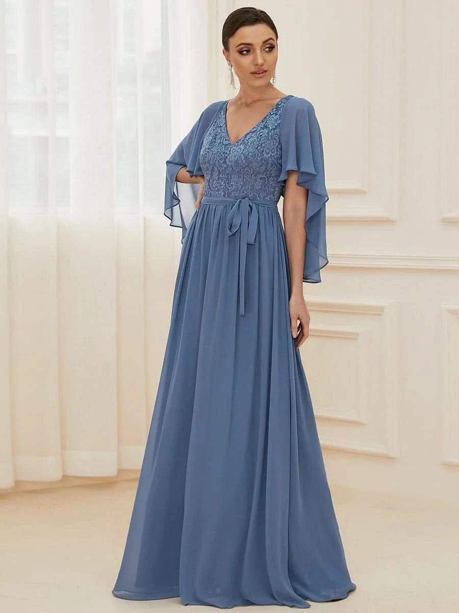 Color=Dusty Navy | Elegantes Maxi-Abendkleid aus Chiffon mit tiefem V-Ausschnitt-Dusty Navy 1