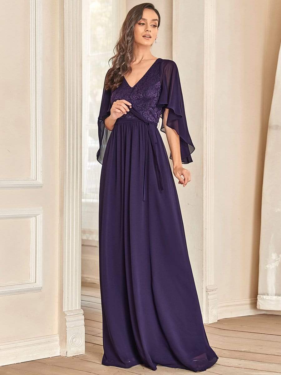 Color=Dunkel Violett | Elegantes Maxi-Abendkleid aus Chiffon mit tiefem V-Ausschnitt-Dunkel Violett 1