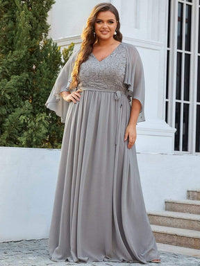 Color=Grau | Elegantes Maxi-Abendkleid aus Chiffon mit tiefem V-Ausschnitt-Grau 6