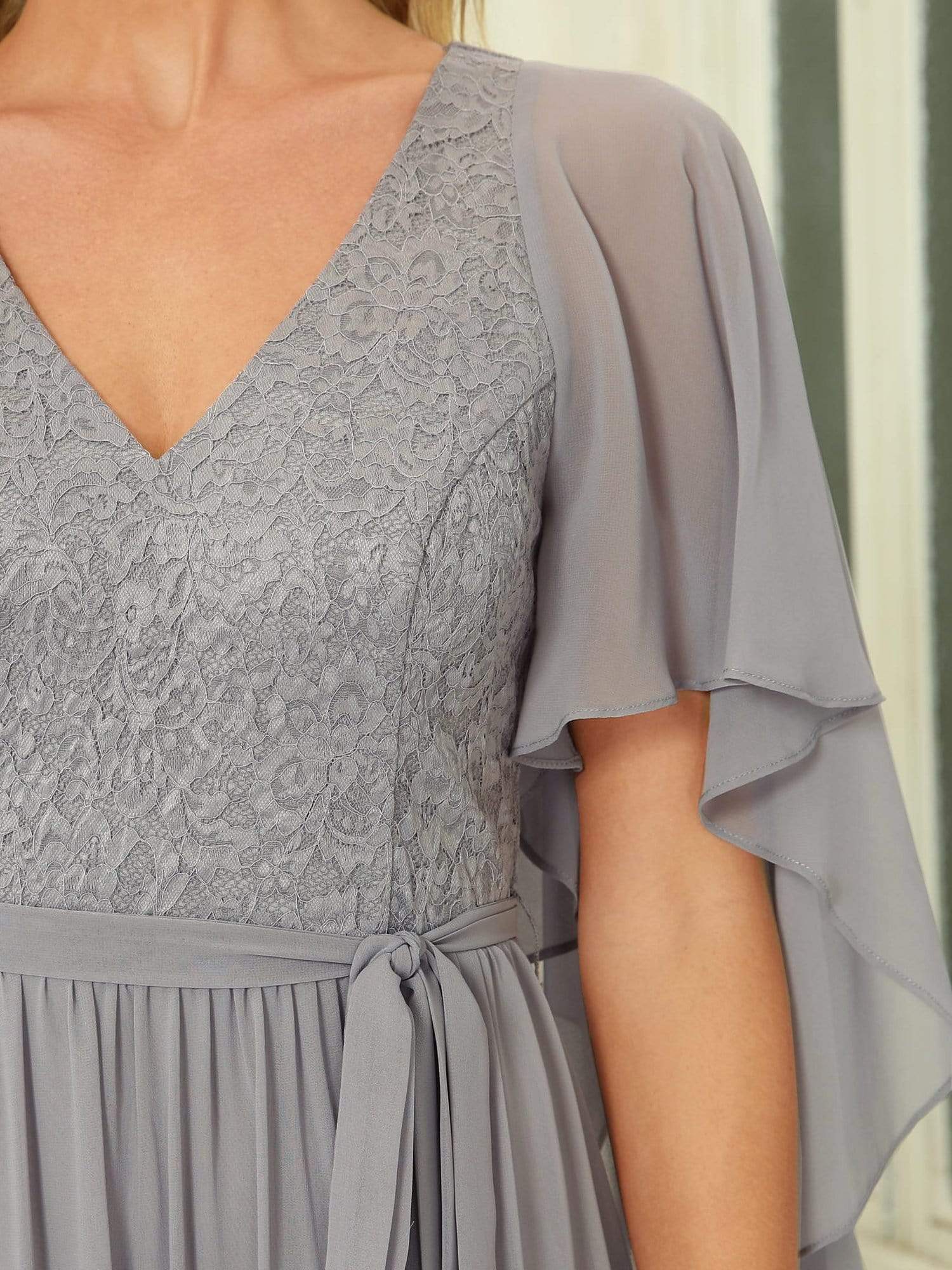 Color=Grau | Elegantes Maxi-Abendkleid aus Chiffon mit tiefem V-Ausschnitt-Grau 5