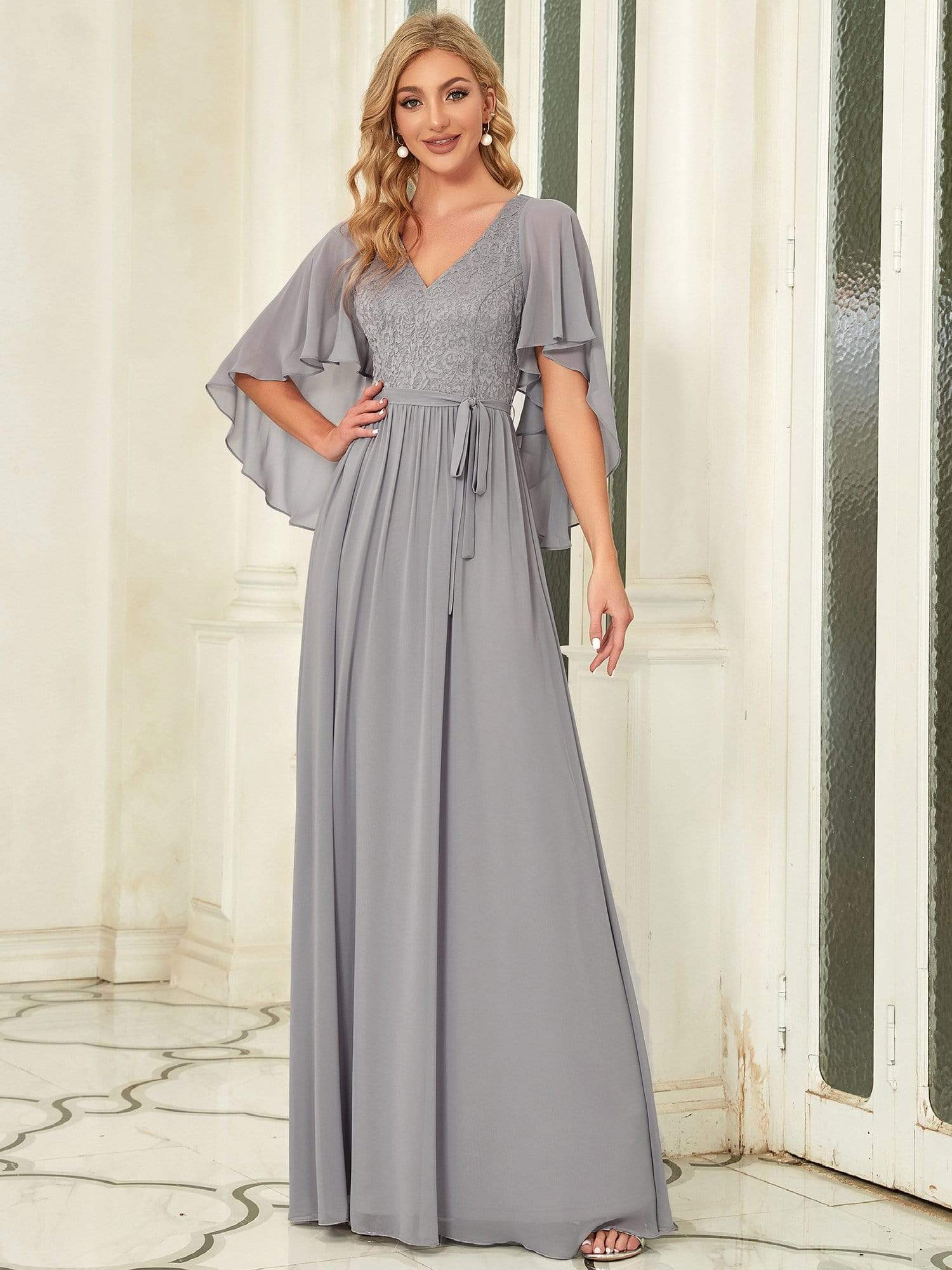 Color=Grau | Elegantes Maxi-Abendkleid aus Chiffon mit tiefem V-Ausschnitt-Grau 1