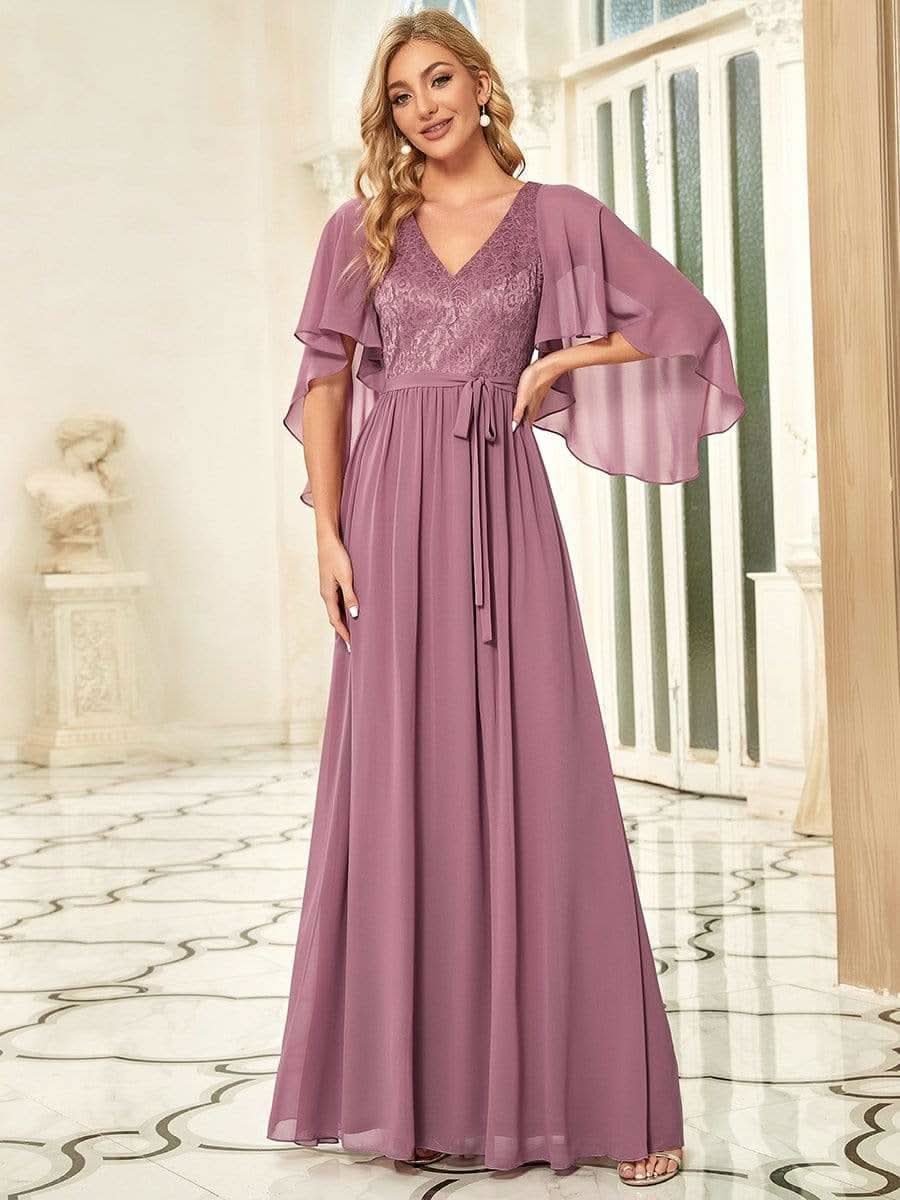 Color=Orchid | Elegantes Maxi-Abendkleid aus Chiffon mit tiefem V-Ausschnitt-Orchid 1
