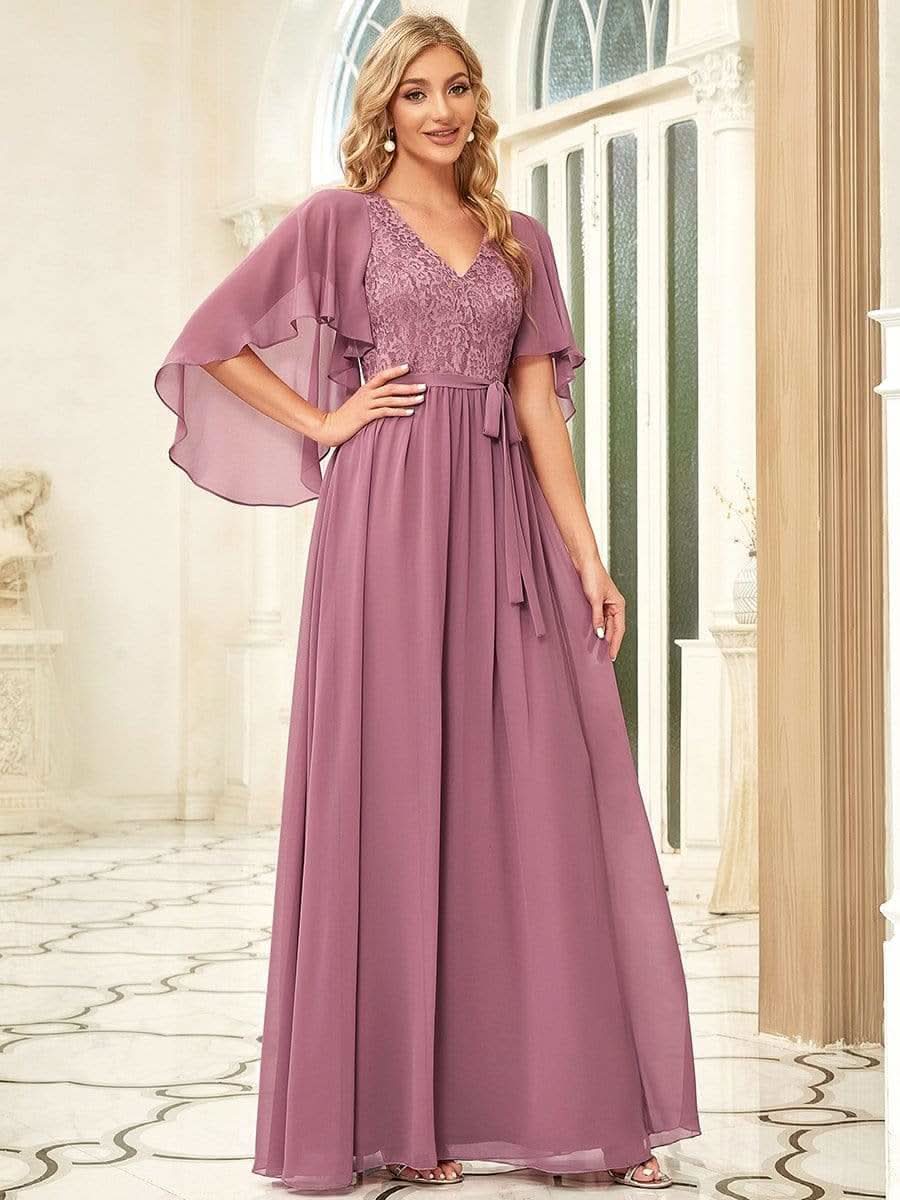 Color=Orchid | Elegantes Maxi-Abendkleid aus Chiffon mit tiefem V-Ausschnitt-Orchid 4
