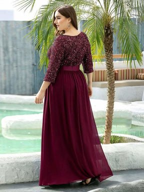Größe Nach Maß Elegantes Rundhalsausschnitt 3/4 Aermel Pailletten Patchwork Abendkleid 00683