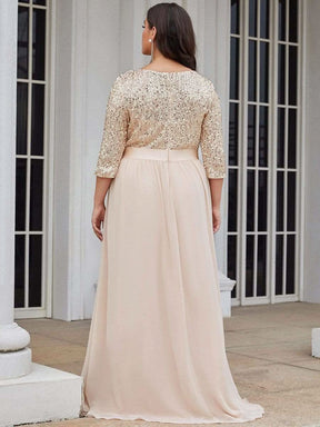 Größe Nach Maß Elegantes Rundhalsausschnitt 3/4 Aermel Pailletten Patchwork Abendkleid 00683
