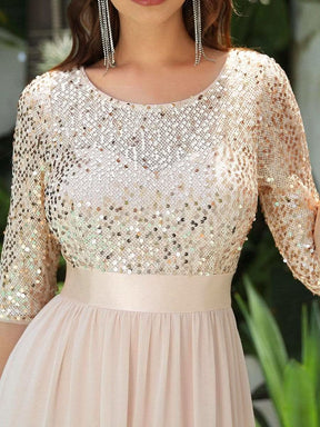 Größe Nach Maß Elegantes Rundhalsausschnitt 3/4 Aermel Pailletten Patchwork Abendkleid 00683